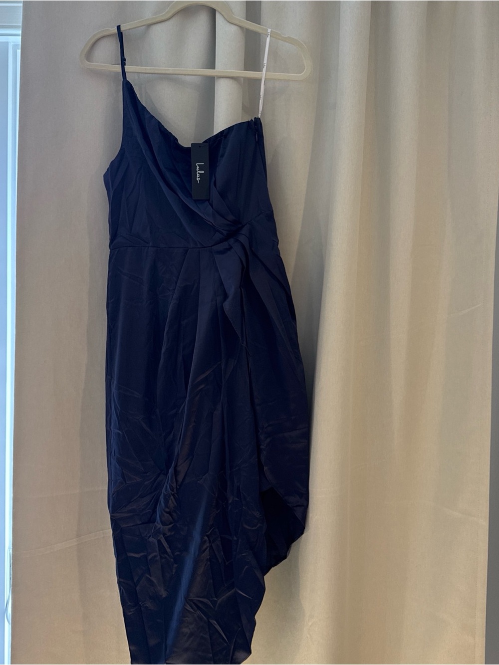Satin Navy Asymmetric Wrap Slip Dress - Women